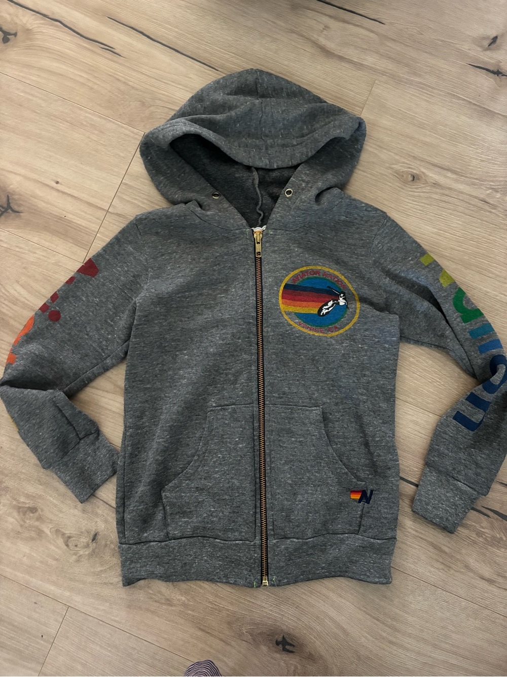 Kids Grey Zip-Up Hoodie with Colorful Stripe Logo